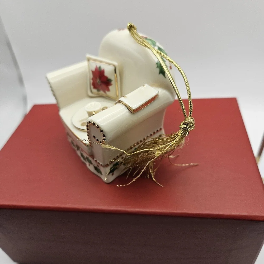 Lenox White & Gold Armchair Christmas Ornament Holly Poinsettia Teacup